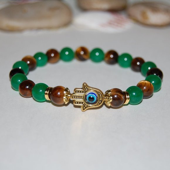 Tiger Eye Bracelet,Hamsa Hand Bracelet,8mm Tiger Eye and Jade Stone Beads,Hamsa - Picture 2 of 3
